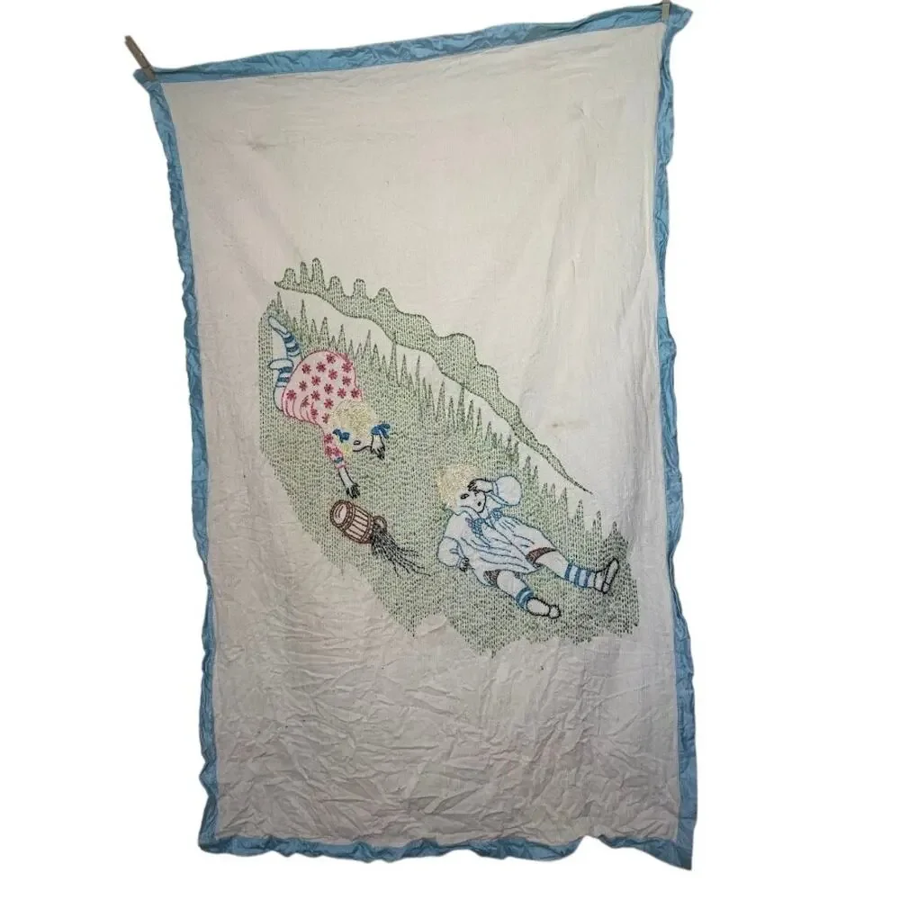 Vintage Hand Embroidered Baby Blanket Jack and Jill Nursery Rhyme Rare 60's 70's